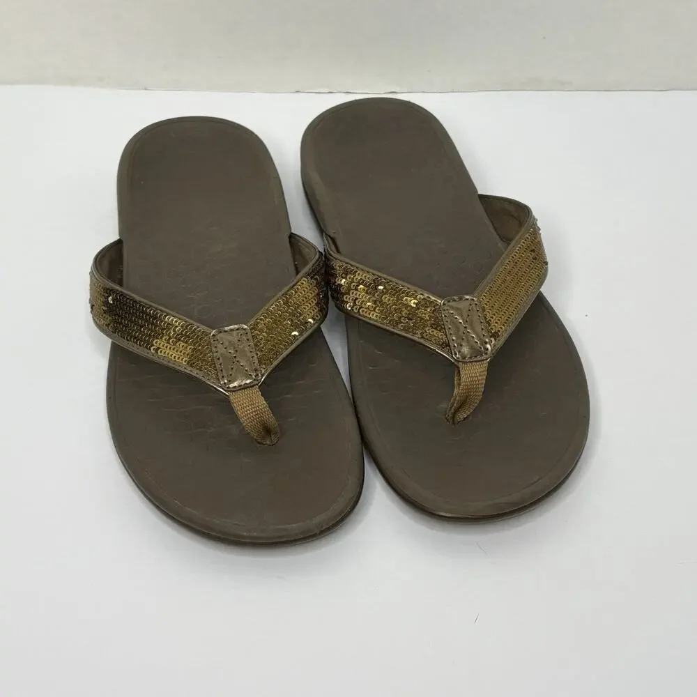 Vionic Womens Sz 8 Bronze Sequins Thong‎ Flip Flop Sandals Comfort Shoes Summer